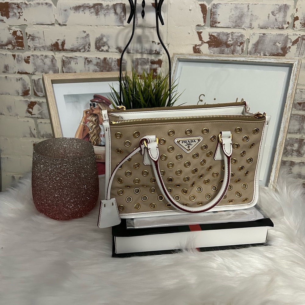 Prada Double Zip Handbag in Grommet Emmbellished